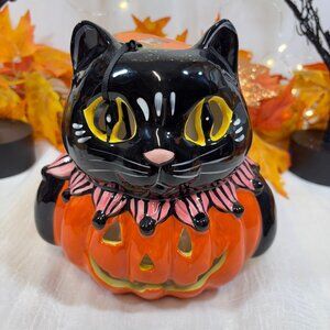 Blue Sky Clayworks Ceramic Cat In Pumpkin Tealight Candle Holder Halloween New